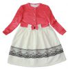 009-01 трикотажное платье для девочки молочного и розового цвета с бантом и черным кружевом