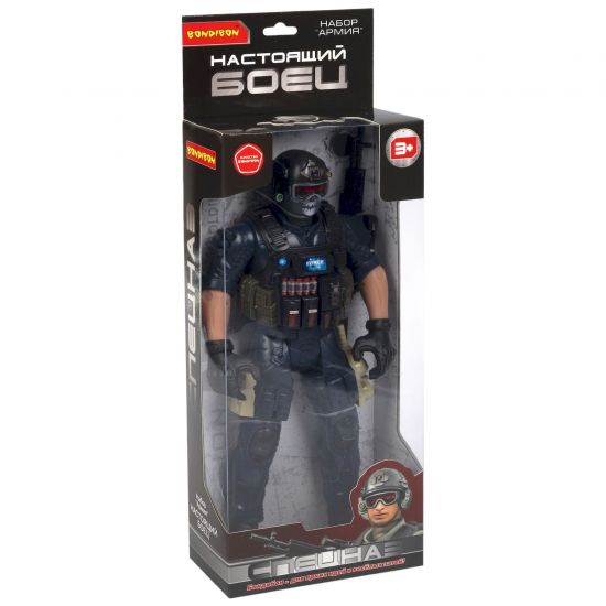 Набор игровой АРМИЯ "НАСТОЯЩИЙ БОЕЦ", фигурка солдата спецназа в маске и чёрной форме, 31 см, Bondibon - BONDIBON