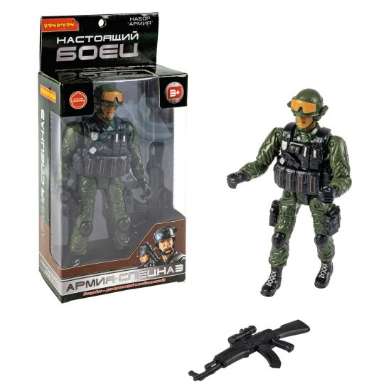 Набор игровой ФИГУРКА СОЛДАТА «НАСТОЯЩИЙ БОЕЦ», высота 18,5 см, с оружием, в зеленой форме и каске с очками, Bondibon - BONDIBON