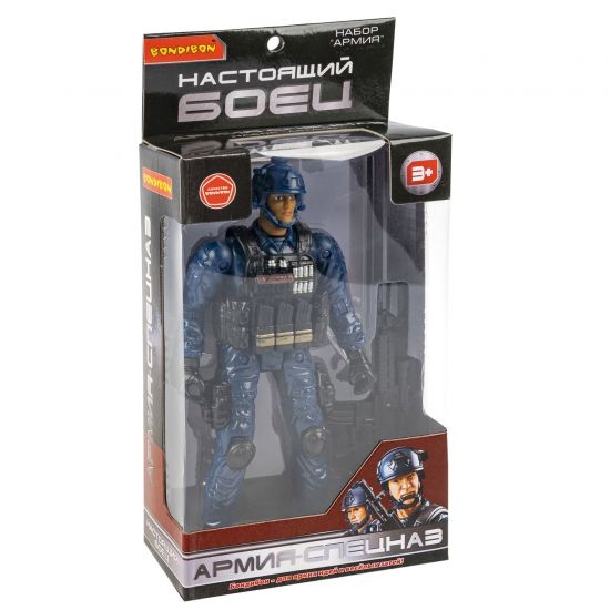Набор игровой ФИГУРКА СОЛДАТА «НАСТОЯЩИЙ БОЕЦ», высота 18,5 см, с оружием, в синей форме и каске с наушниками Bondibon - BONDIBON