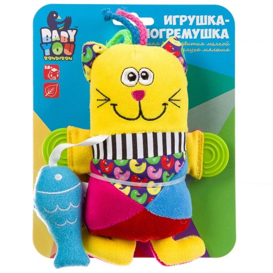 Мягкая игрушка-погремушка "КОТ" с прорезывателями 16см Baby You Bondibon - BONDIBON