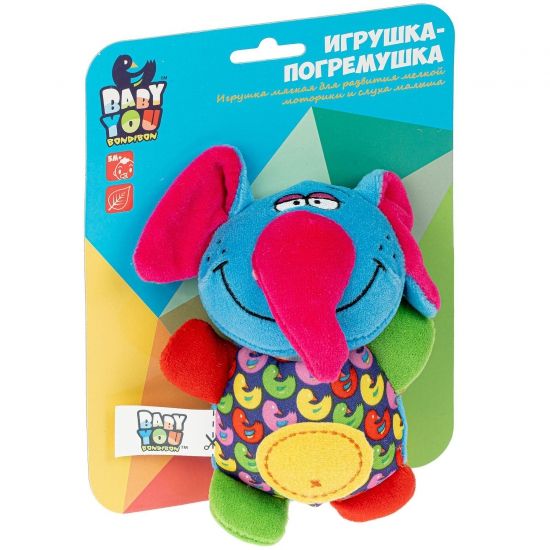 Мягкая игрушка-погремушка "СЛОН" 14см с пищалкой Baby You Bondibon - BONDIBON