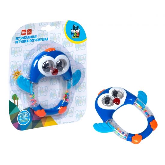 Погремушка музыкальная "ПИНГВИН", с прорезывателем, Baby you Bondibon - BONDIBON