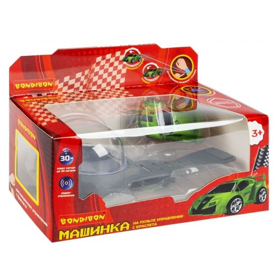 Машинка на дистанционном управлении "ГОНКА", зелёная, р/у-пульт в виде браслета, металлический корпус, Bondibon - BONDIBON