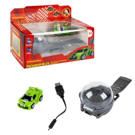 Машинка на дистанционном управлении "ГОНКА", зелёная, р/у-пульт в виде браслета, металлический корпус, Bondibon - BONDIBON