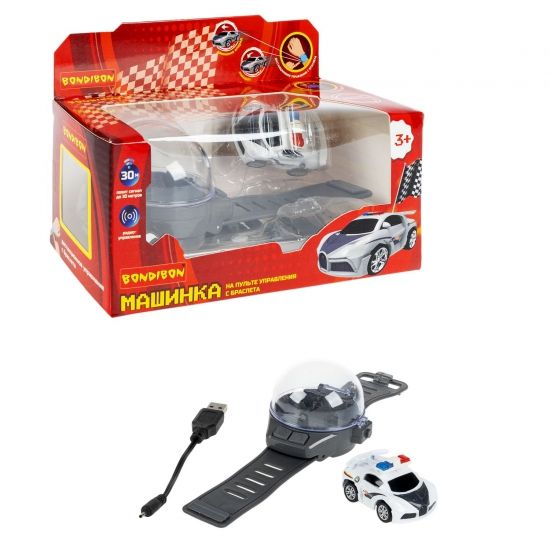 Машинка на дистанционном управлении "ПОЛИЦИЯ", белая, р/у пульт в виде браслета, металлический корпус, Bondibon - BONDIBON