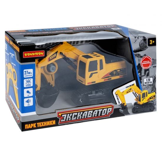 Экскаватор на пульте управления со светом и звуком, р/у 27МГц, 1:20, демо режим, Парк Техники Bondibon - BONDIBON