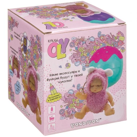 Кукла-сюрприз в леденце на палочке "РОЗОВЫЙ ЗАЙЧИК" с бутылочкой и наклейками, спящая Oly Bondibon - BONDIBON