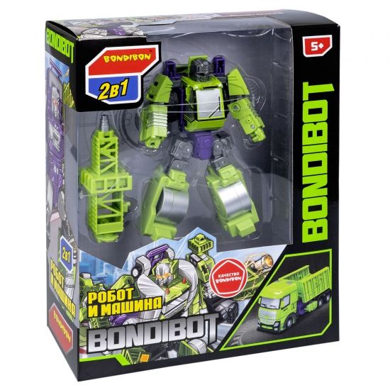 Трансформер "BONDIBOT 2 в 1" робот - дорожный каток, зелёный, собери большого робота и подъемный кран, Bondibon - BONDIBON