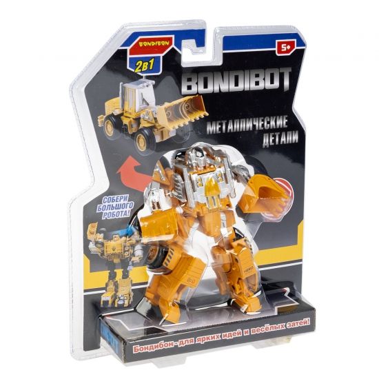 Трансформер "BONDIBOT 2 в 1", робот - погрузчик, с металлическими деталями, желтый, собери большого робота 5в1 Bondibon - BONDIBON