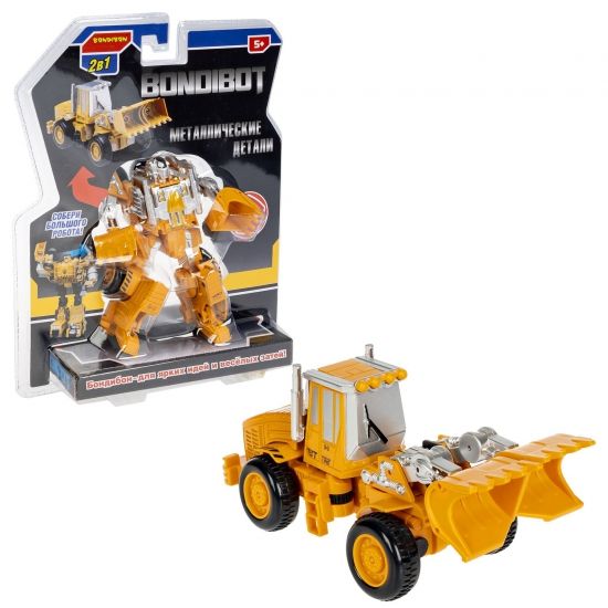Трансформер "BONDIBOT 2 в 1", робот - погрузчик, с металлическими деталями, желтый, собери большого робота 5в1 Bondibon - BONDIBON