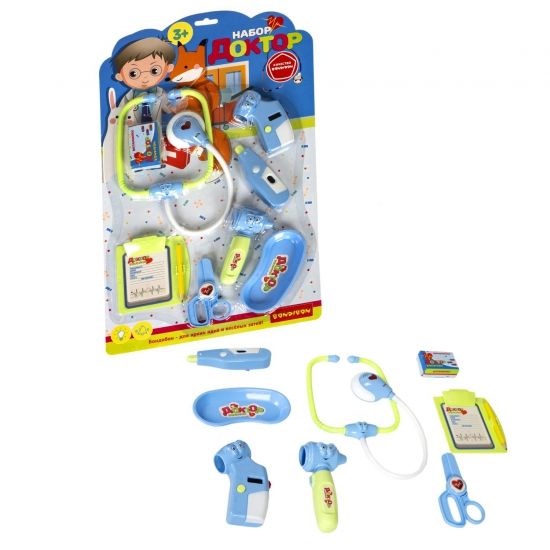 Игровой набор "ДОКТОР" со светом и звуком, голубой, 9 предметов Bondibon - BONDIBON
