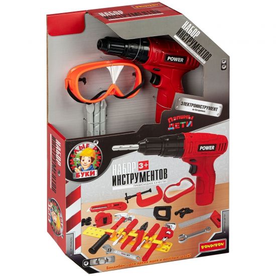 Набор строительных инструментов "ПАПИНЫ ДЕТИ" дрель-шуруповерт на батарейках, 22 предмета с маской Bondibon - BONDIBON