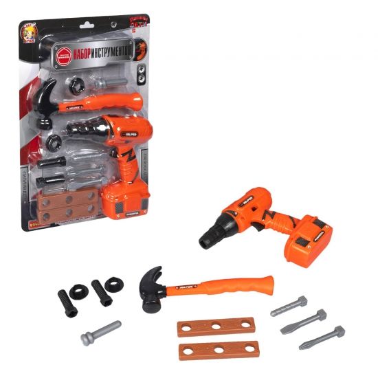 Набор строительных инструментов "ПАПИНЫ ДЕТИ" дрель на батарейках, 12 предметов с молотком Bondibon - BONDIBON