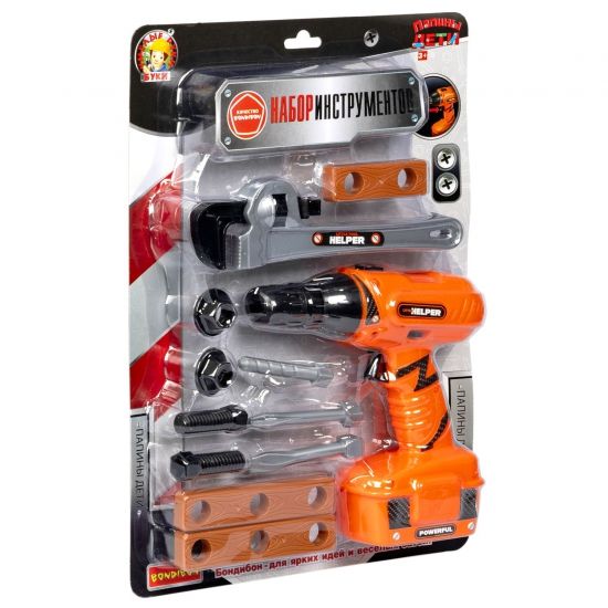 Набор строительных инструментов "ПАПИНЫ ДЕТИ" дрель на батарейках, 12 предметов с трубным ключом Bondibon - BONDIBON