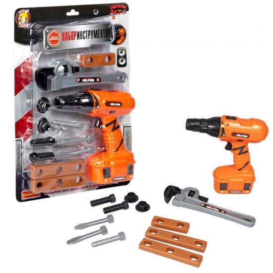 Набор строительных инструментов "ПАПИНЫ ДЕТИ" дрель на батарейках, 12 предметов с трубным ключом Bondibon - BONDIBON