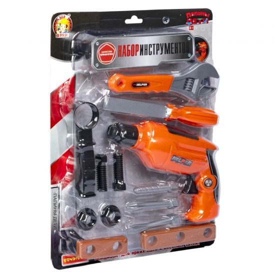 Набор строительных инструментов "ПАПИНЫ ДЕТИ" электродрель с подсветкой, 13 предметов Bondibon - BONDIBON