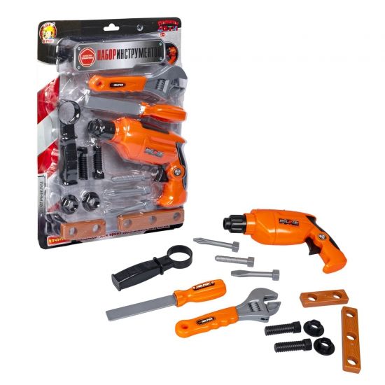 Набор строительных инструментов "ПАПИНЫ ДЕТИ" электродрель с подсветкой, 13 предметов Bondibon - BONDIBON