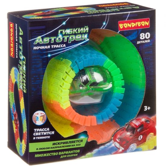 Гибкий автотрек "Ночная трасса" светится в темноте, 80 деталей, с машинкой, Bondibon - BONDIBON