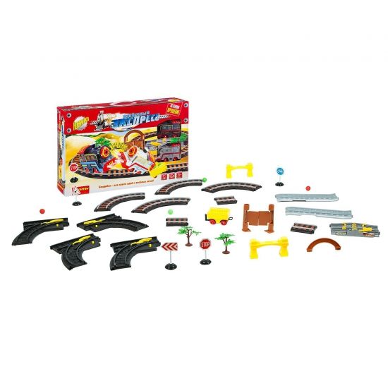 Железная дорога "Восточный экспресс. Столкновение" свет, звук, рельсы 332 см, с 2 мя составами, воротами Bondibon - BONDIBON