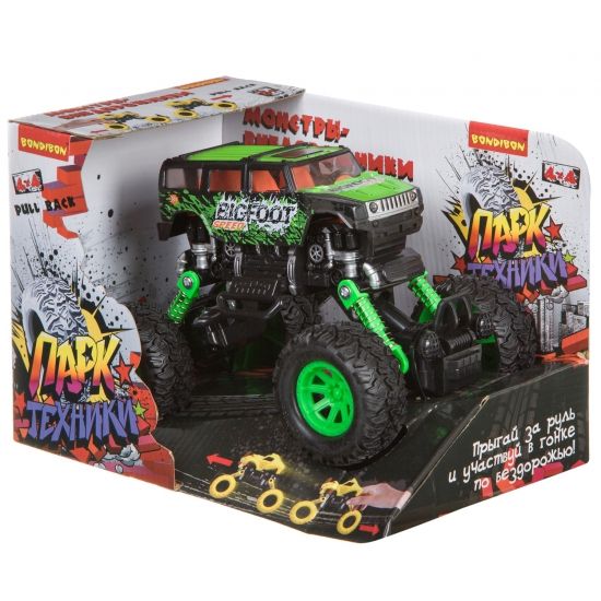 Инерционный джип-бигфут на пружинной подвеске "Парк Техники" чёрно-зеленый Bondibon - BONDIBON