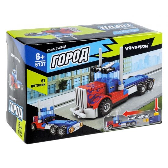 Конструктор "ГРУЗОВИК ТЯГАЧ" 67 деталей, с блоком запуска, сине-красный, Город Bondibon - BONDIBON