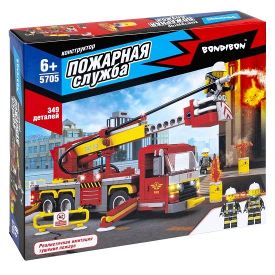 Конструктор "МАШИНА-АВТОВЫШКА" с имитацией тушения пожара и 2 человечками, 349 деталей, Пожарная Служба, Bondibon - BONDIBON