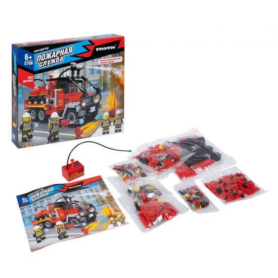 Конструктор "МАШИНА СО СПАСАТЕЛЯМИ", имитация тушения пожара и 2 человечками, 432 детали, Пожарная Служба, Bondibon - BONDIBON