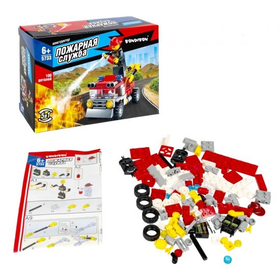Конструктор "МАШИНА" 5в1, 100 деталей, человечек с огнетушителем, Пожарная Служба, Bondibon - BONDIBON