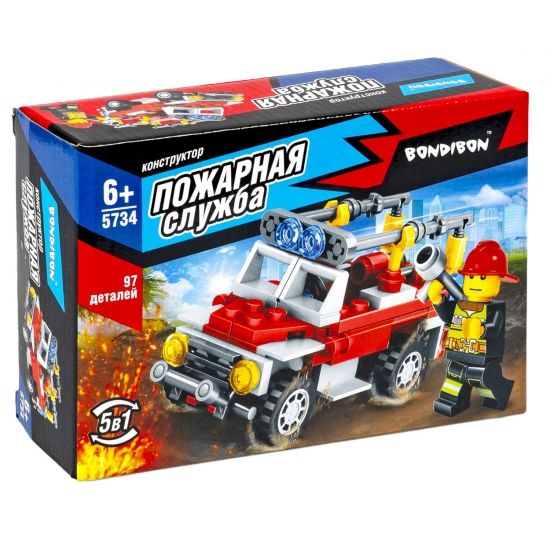 Конструктор "МАШИНА" 5в1, 97 деталей, человечек с брандспойтом, Пожарная Служба, Bondibon - BONDIBON