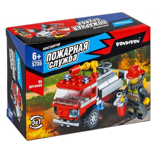 Конструктор "МАШИНА" 5в1, 95 деталей, человечек с огнетушителем, Пожарная Служба, Bondibon - BONDIBON