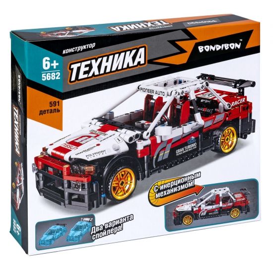 Конструктор "ГОНОЧНАЯ МАШИНА", инерционный механизм, 591 деталь, бело-красная, Техника, Bondibon - BONDIBON