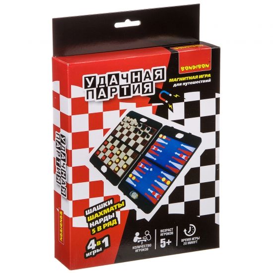 Набор настольных игр Bondibon Удачная партия 4 в 1 "Шахматы, шашки, нарды, 5 в ряд" - BONDIBON