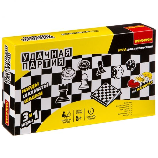 Набор настольных игр Bondibon Удачная партия 3 в 1 "Нарды, шашки, шахматы" 25 см - BONDIBON