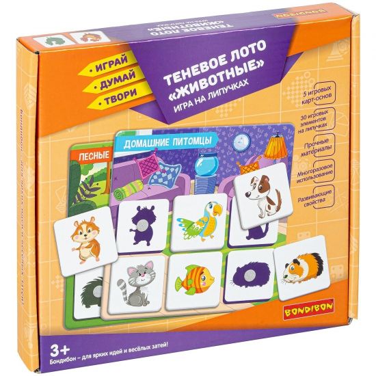 Настольная игра на липучках ЛОТО ТЕНЕВОЕ "ЖИВОТНЫЕ" Играй Думай Твори Bondibon - BONDIBON