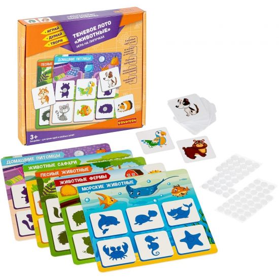 Настольная игра на липучках ЛОТО ТЕНЕВОЕ "ЖИВОТНЫЕ" Играй Думай Твори Bondibon - BONDIBON