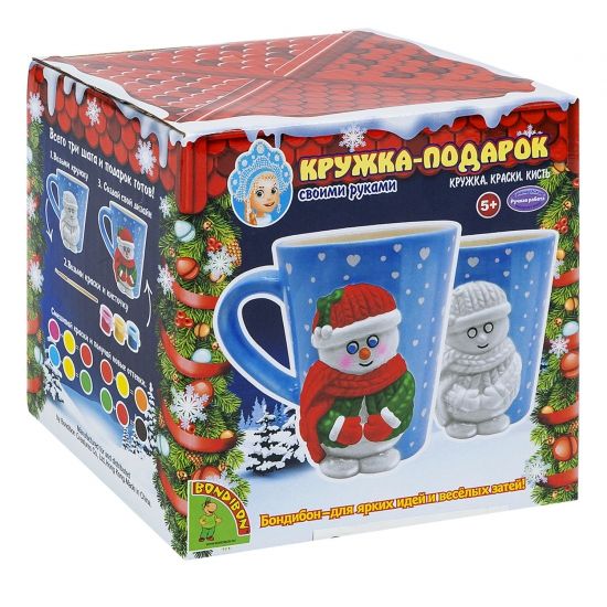 Набор для творчества новогодний КРУЖКА-ПОДАРОК "СНЕГОВИЧОК" роспись по керамике Ручная работа Bondibon - BONDIBON