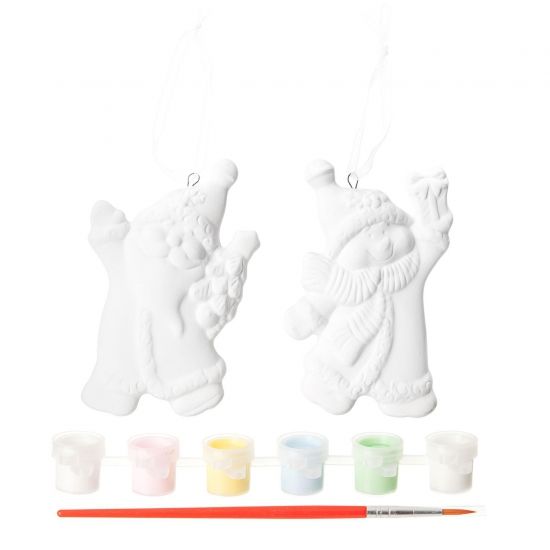 Набор для творчества НОВОГОДНИЕ УКРАШЕНИЯ "СНЕГОВИК И ДЕД МОРОЗ" 2 подвески, роспись по керамике, Ручная работа Bondibon - BONDIBON