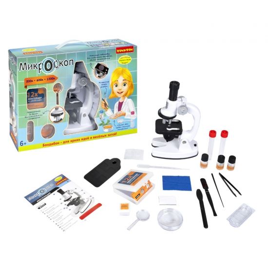 Микроскоп 200-1200X, с светофильтрами, подсветкой, подставкой для камеры, Технический прогресс Науки с Буки Bondibon - BONDIBON