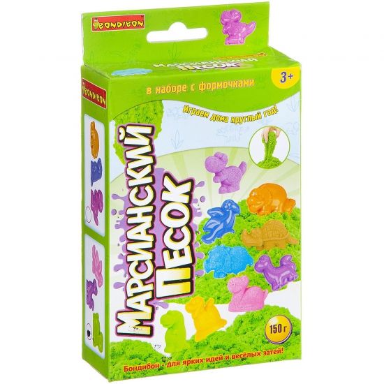 Набор для лепки Bondibon "Марсианский песок" 150 г зеленый 3 формочки динозаврики - BONDIBON