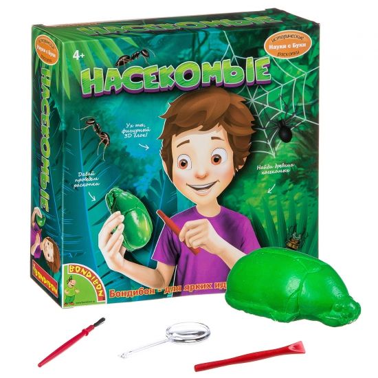 Набор для раскопок "НАСЕКОМЫЕ" гипсовый блок в виде жука, инструменты, лупа Науки с Буки Bondibon - BONDIBON