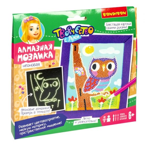 Набор для творчества АЛМАЗНАЯ МОЗАИКА "СОВУШКА" неоновая картина Творчество с Луки Bondibon - BONDIBON