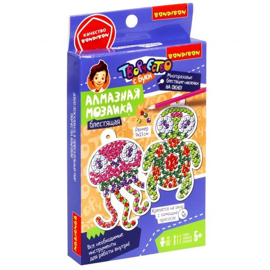 Набор для творчества АЛМАЗНАЯ МОЗАИКА "МОРСКИЕ ОБИТАТЕЛИ" 2 наклейки на окно с присосками, Творчество с Буки Bondibon - BONDIBON