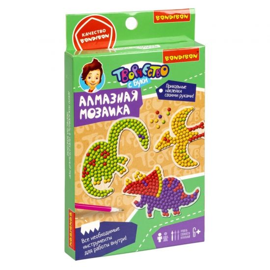 Набор для творчества АЛМАЗНАЯ МОЗАИКА "ДИНОЗАВРЫ" блестящие наклейки Творчество с Буки Bondibon - BONDIBON