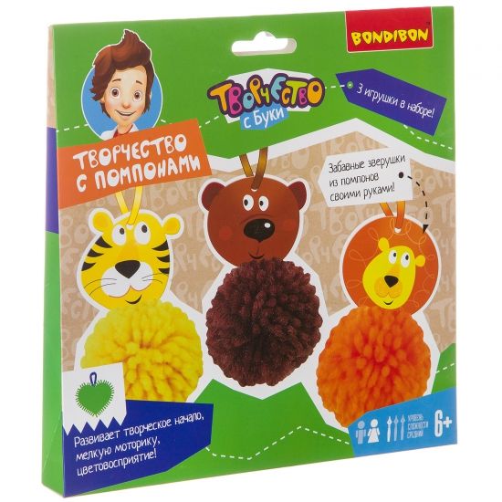 Набор Bondibon "Творчество с помпонами: Забавные зверушки (лев, медведь, тигр)" - BONDIBON