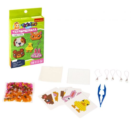 Набор для творчества ТЕРМОМОЗАИКА "ЖИВОТНЫЕ ФЕРМЫ И ЛЕСА" с блестящими бусинами и подвесками Творчество с Луки Bondibon - BONDIBON