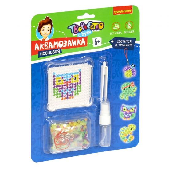 Набор для творчества АКВАМОЗАИКА "НЕОНОВЫЕ ЖИВОТНЫЕ" бусины светятся в темноте, Творчество с Буки Bondibon - BONDIBON