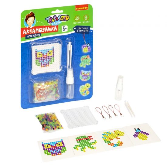 Набор для творчества АКВАМОЗАИКА "НЕОНОВЫЕ ЖИВОТНЫЕ" бусины светятся в темноте, Творчество с Буки Bondibon - BONDIBON