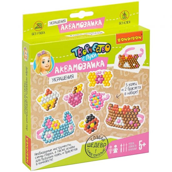 Набор для творчества АКВАМОЗАИКА "УКРАШЕНИЯ" 350 бусин, 2 браслета, 5 колец Творчество с Луки Bondibon - BONDIBON