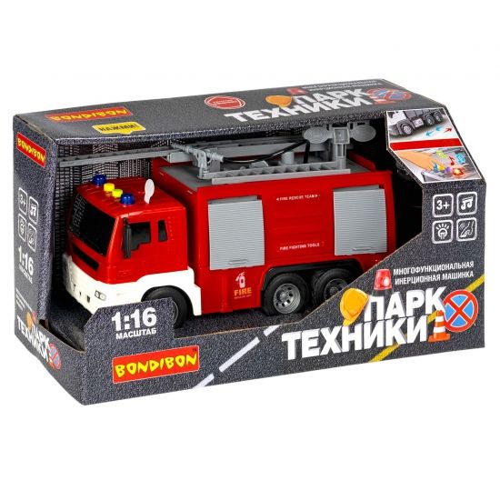 Инерционная машина «ПОЖАРНАЯ СЛУЖБА» водовоз 1:16, со светом и звуком, брызгает водой, Парк Техники Bondibon - BONDIBON